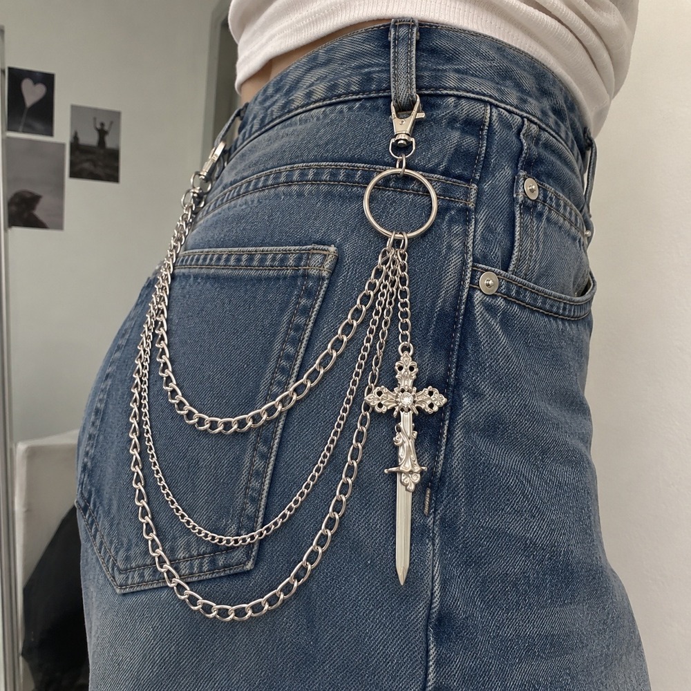 Silver Gothic Triple Layer Pant Chain Cross Sword Charms Grunge Alt Accessory